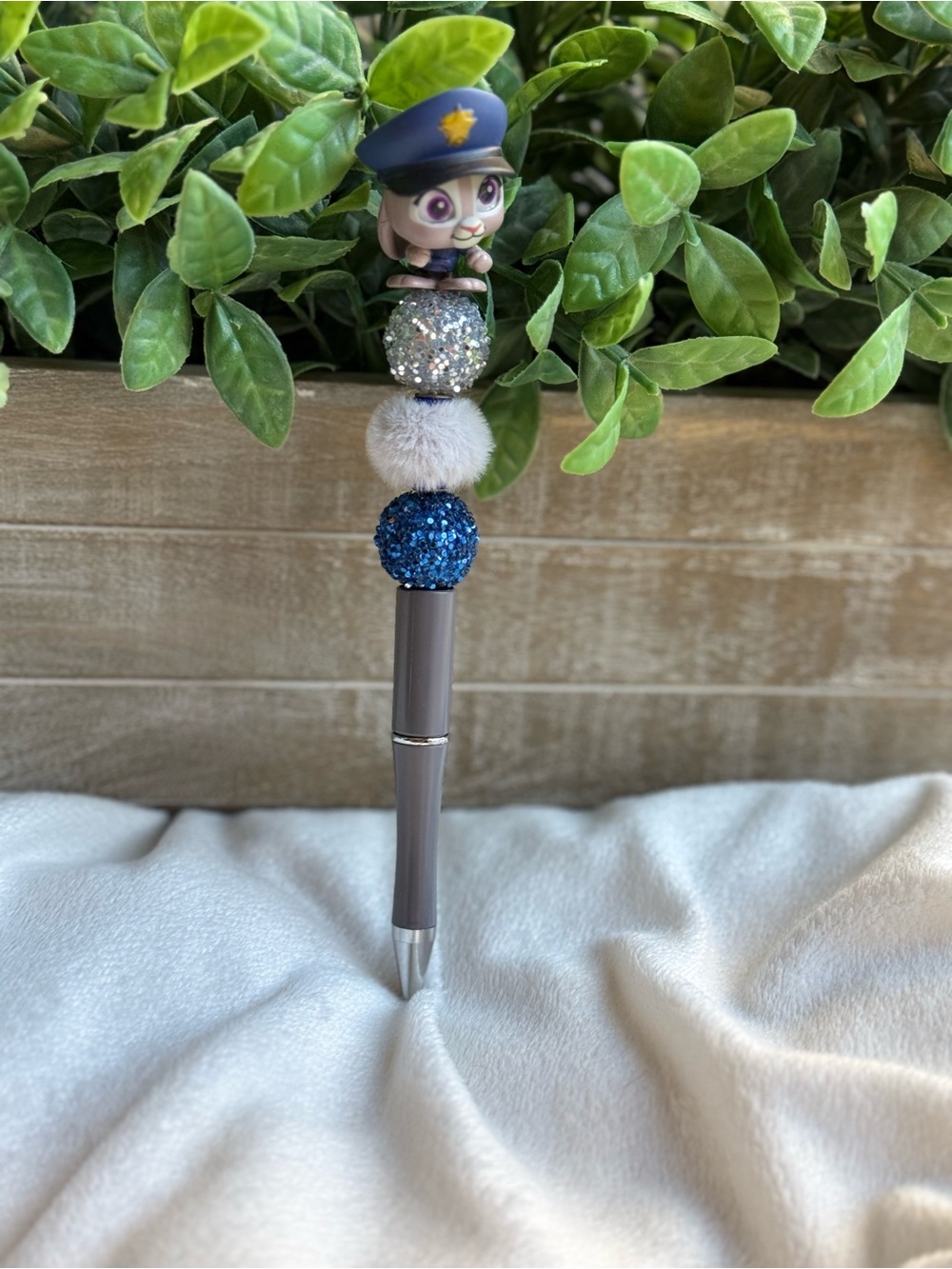 Beaded Character Ballpoint Pen - Blue & Silver